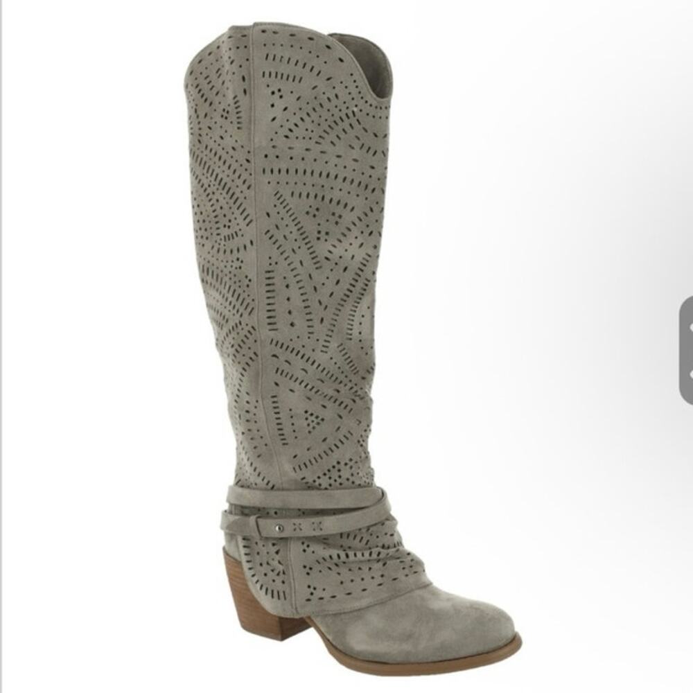 Very G Gray Perforated Suede Knee-High Western Boots